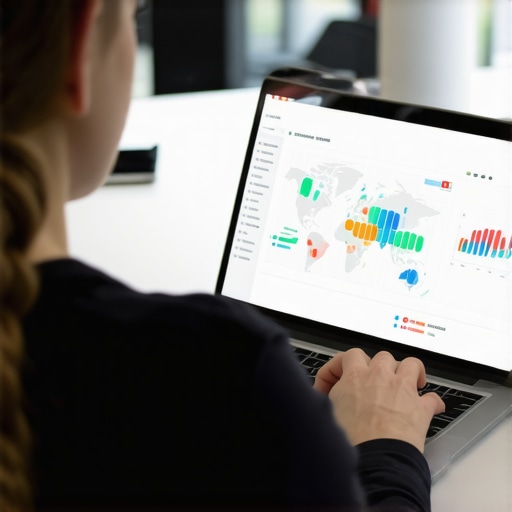 Person analyzing local SEO data on a laptop with maps and graphs in a workspace