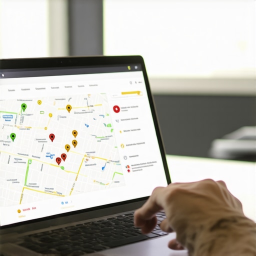 Business owner analyzing Greensboro local SEO data on laptop with city map and charts