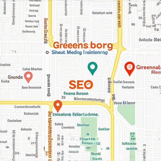 Map of Greensboro with icons representing local SEO efforts and business locations