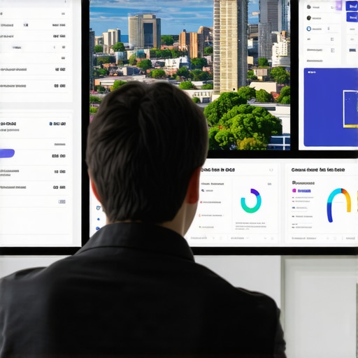 Expert analyzing local SEO metrics on a digital dashboard with Greensboro cityscape