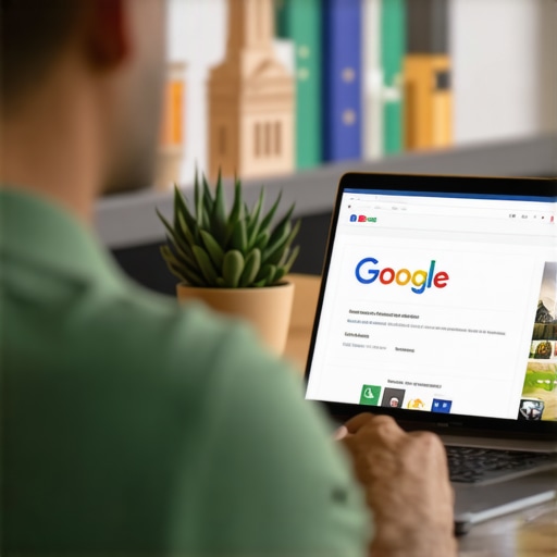 Updating GMB Profile in Greensboro Greensboro business owner optimizing Google My Business on a laptop with city landmarks.