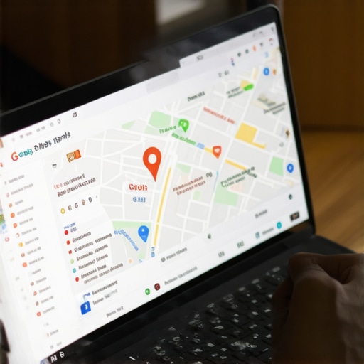 Business Owner Optimizing Maps Profile in Greensboro Business owner working on Google Maps profile on a laptop with Greensboro city in background