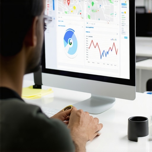 Digital marketer analyzing local SEO data on a computer with maps and analytics
