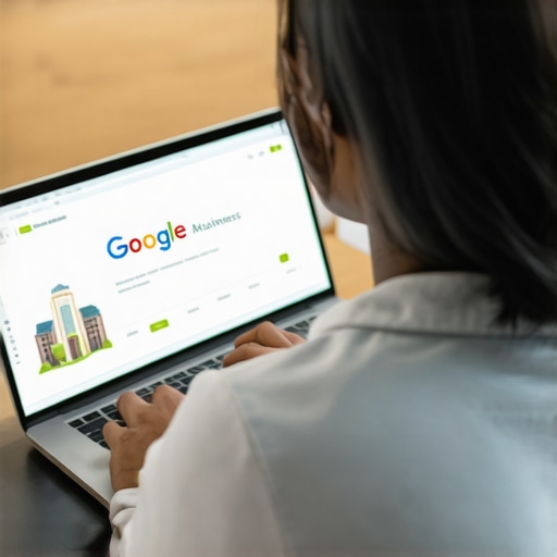 Person updating Google My Business profile on computer with Greensboro cityscape in background.