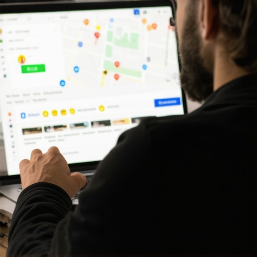 Business owner editing Google Maps listing on laptop with map review interface.