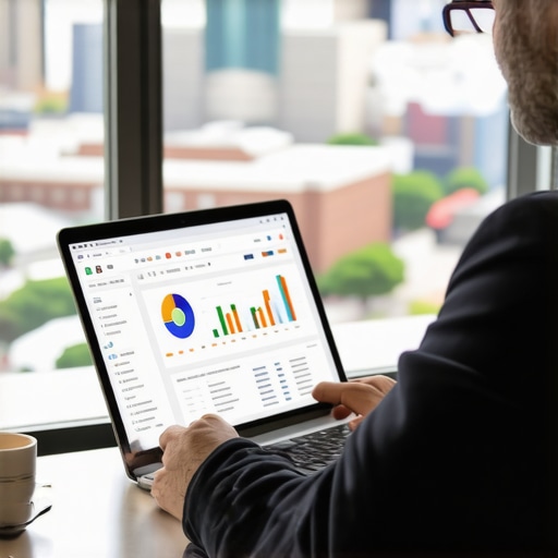 Analyzing Greensboro Local SEO Data Business owner reviewing local SEO analytics with Greensboro city skyline in background.