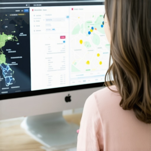 Analyzing Local SEO Data Person reviewing SEO analytics on a laptop, emphasizing maps and data graphs