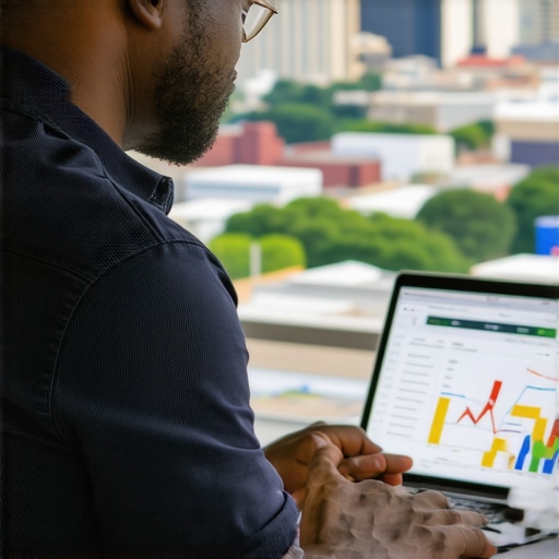 Business owner reviewing SEO charts and maps with Greensboro cityscape