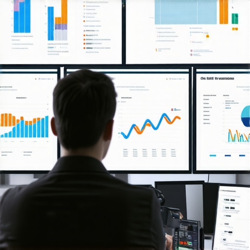 Person reviewing SEO metrics on multiple monitors with maps and graphs