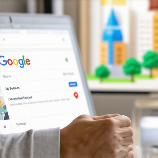 A local business owner editing their Google My Business profile on a laptop with Greensboro scenery.