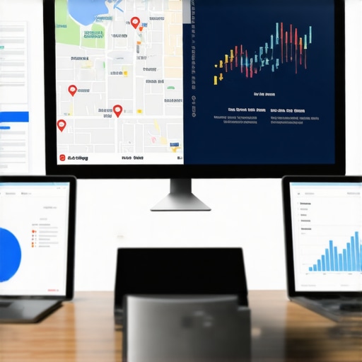 Computer screen showing maps and SEO analytics tools used for Greensboro local SEO maintenance.