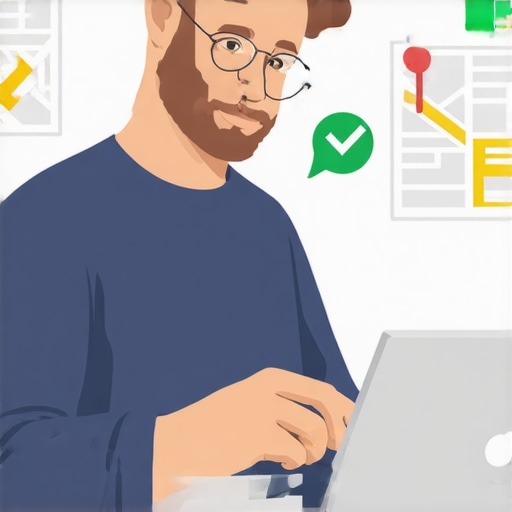 Business owner updating Google My Business profile on laptop with maps and ranking icons.