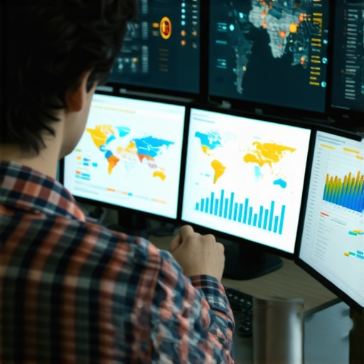 Person analyzing SEO performance with digital charts and maps in a modern office