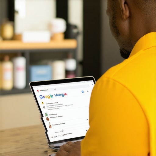 Business owner updating Google profile with Greensboro shop in background.
