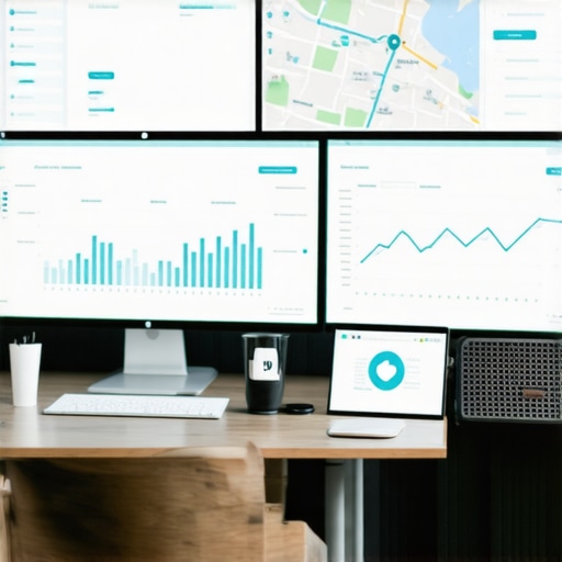 A workspace with screens displaying SEO analytics, maps, and citation management tools.