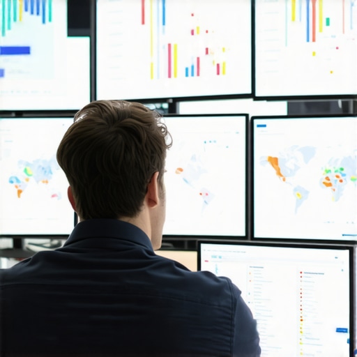A person reviewing SEO and Google Maps ranking analytics on several monitors, representing ongoing maintenance.