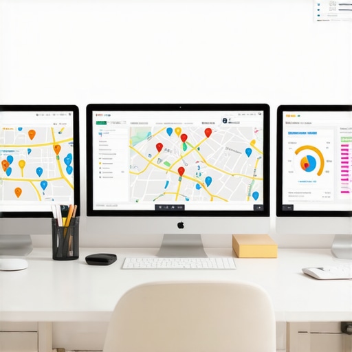 Computer screens displaying local SEO analytics and Google Maps optimization