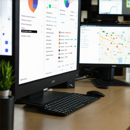 Digital workspace with SEO tools and maps for Greensboro local SEO management.