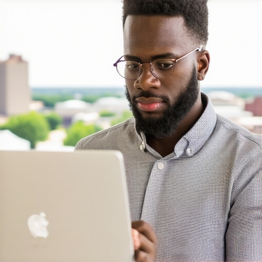 Business owner updating Google My Business profile on laptop amidst Greensboro city backdrop.