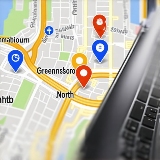 A digital map of Greensboro showing local business pins on a computer screen for SEO optimization.
