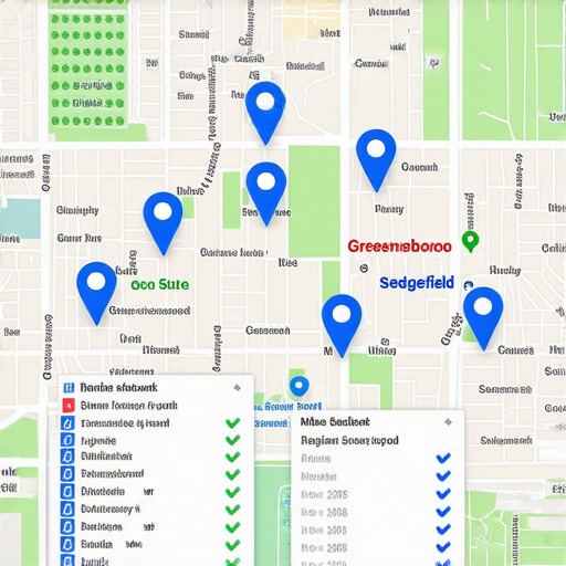 Greensboro Local SEO Neighborhood Ranking Dashboard A digital dashboard visualizing local SEO ranking improvements across different Greensboro neighborhoods.