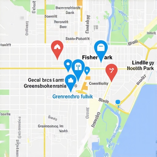 Greensboro Neighborhood Local SEO Targeting Map Map showing localized SEO targeting for Greensboro NC neighborhoods like Fisher Park.