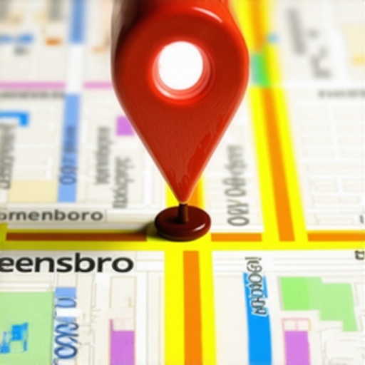 A glowing map pin anchored to a Greensboro street representing accurate local SEO data.